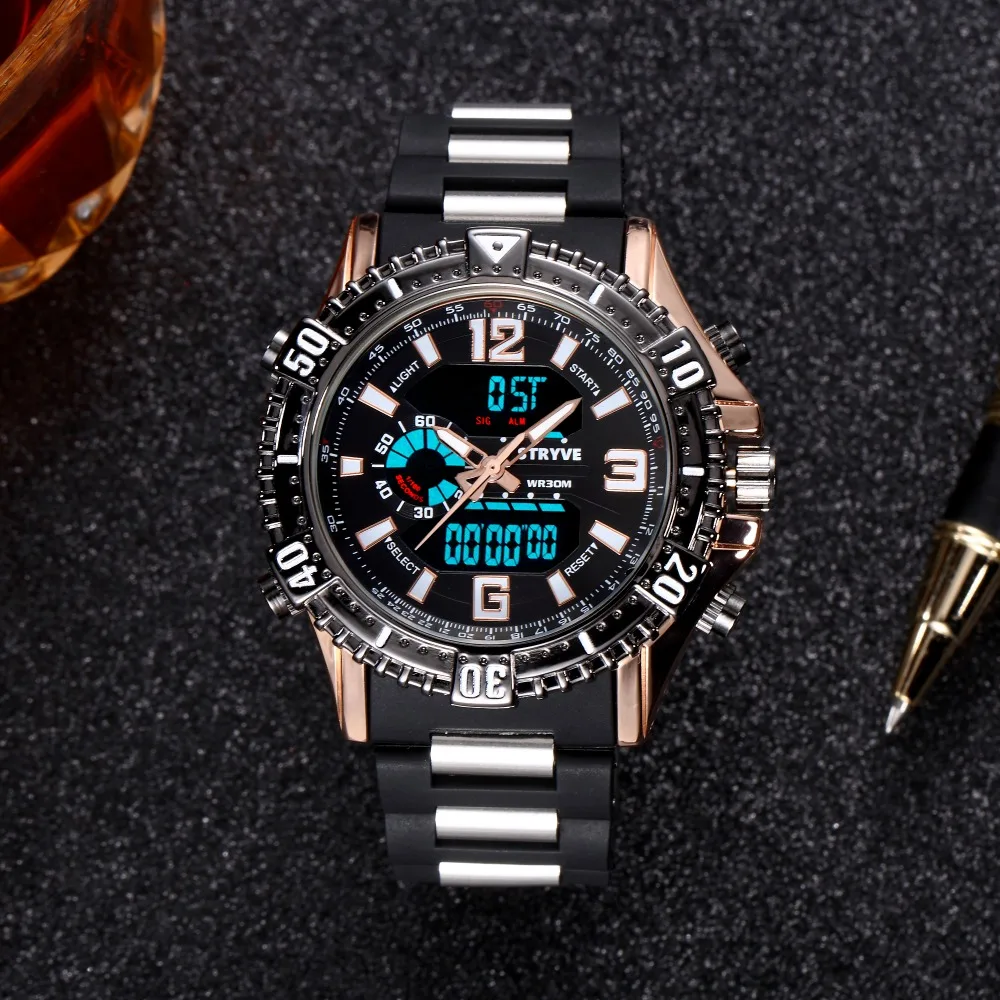 

STRYVE Quartz Digital Men Watch Sport S8004 New Big Dial Watches For Men Luxury Brand LED Military Waterproof Wristwatches