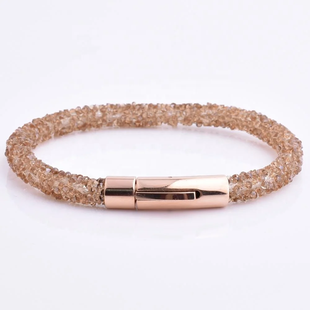 

Classic Design Beige Color Rope With Diamond Rose Gold Stainless Steel Bracelet Bangle