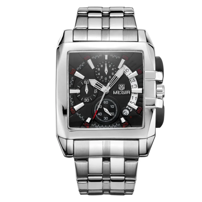 

Build ur own brand square shape men stainless steel band megir watch with laser logo back