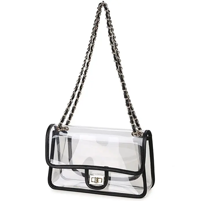 

Amazon Hot Sell Crossbody Ziplock Hand Bag with Snap Button PVC Purse Plastic Clear Bag, Black,white,gold, silver