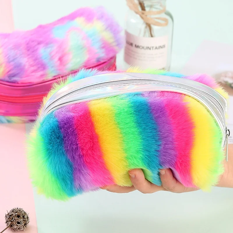 

Rainbow Faux Fur Makeup Bag, Blue green pink colorful
