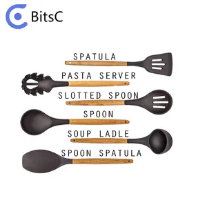 Image of Silicone Cooking Utensils Set Acacia Wooden Handle - Kitchen Utensil Tools Serving Spoons