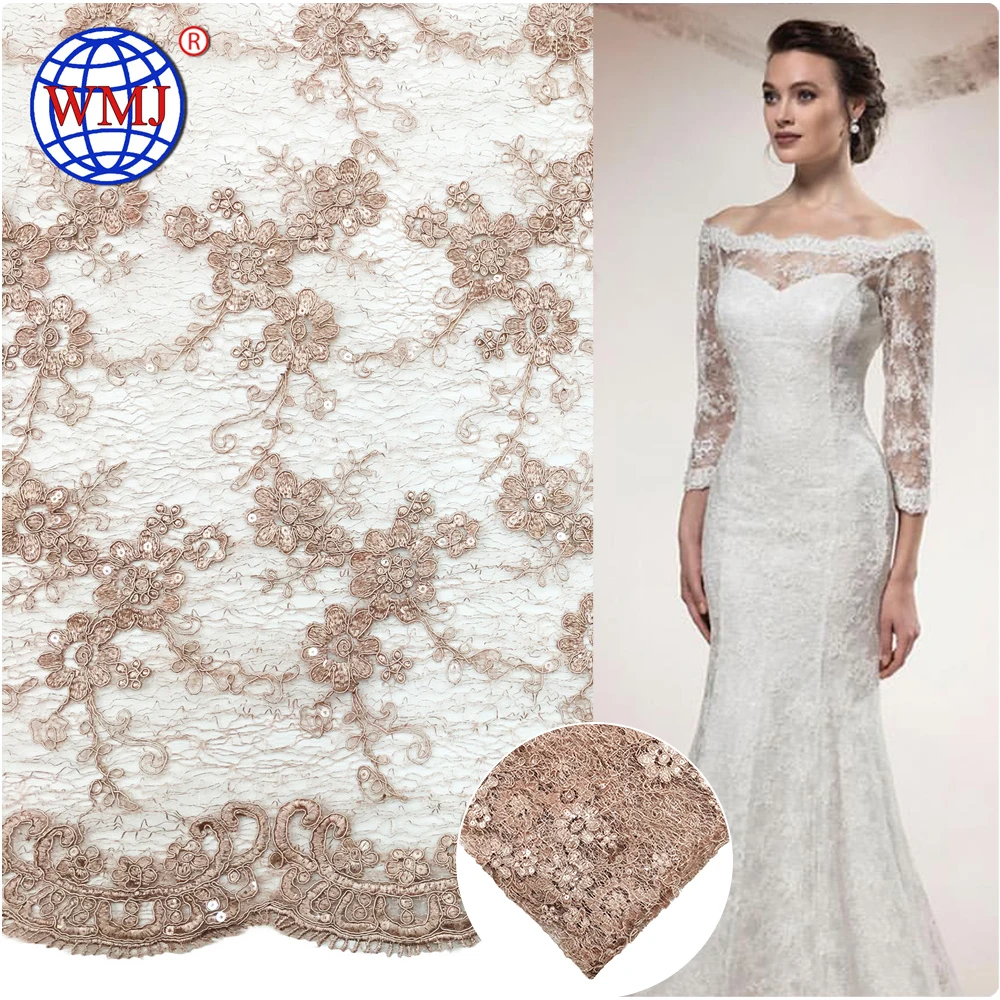 

Latest African Dusty Pink bridal Chantilly embroidery sequins lace fabric, N/a