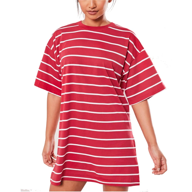 

Fashion Women Summer Clothing Dress Red Strip Off Shoulder T shirt Dress