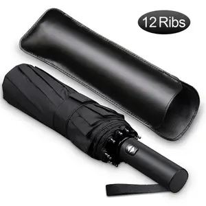 Image of luxury 3 folding Umbrella Compact Protection from Rain Free with Leather Cover