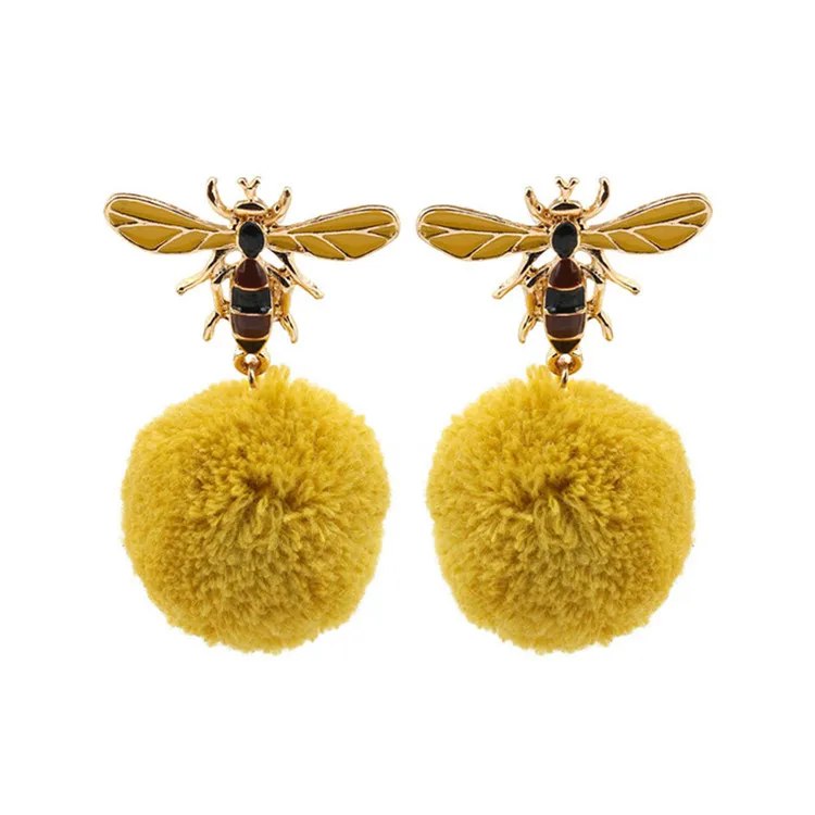 

Hot Selling Animals Bee Yellow Hair Bulb Ball Stud Enamel Earrings