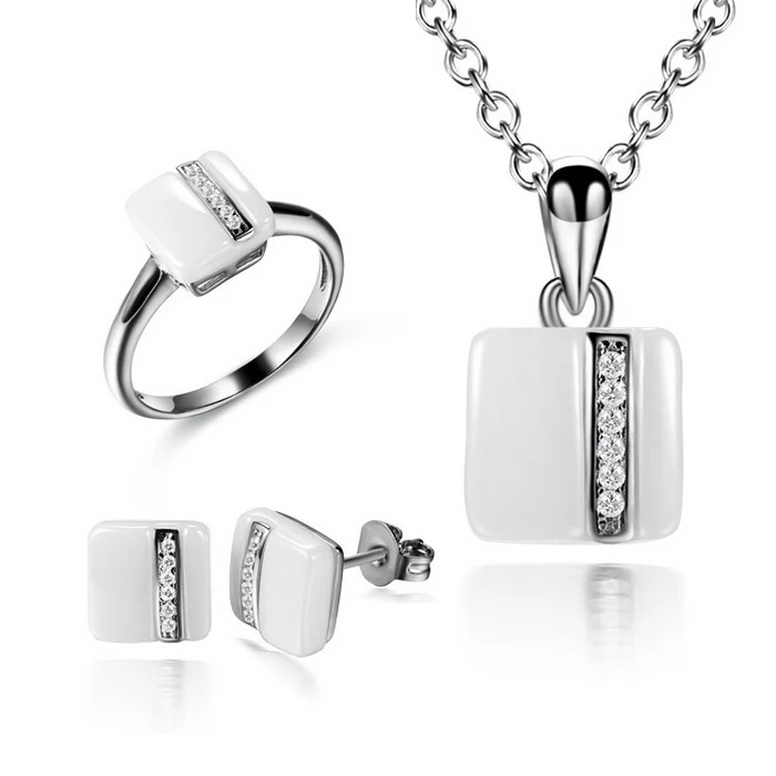 

Hot Sale SJ New Fashion SJLE-3082 Eco-Friendly Women White Ceramic Micro-Inserting Cubic Zircon Geometric Bridal Jewelry Set, White jewelry set