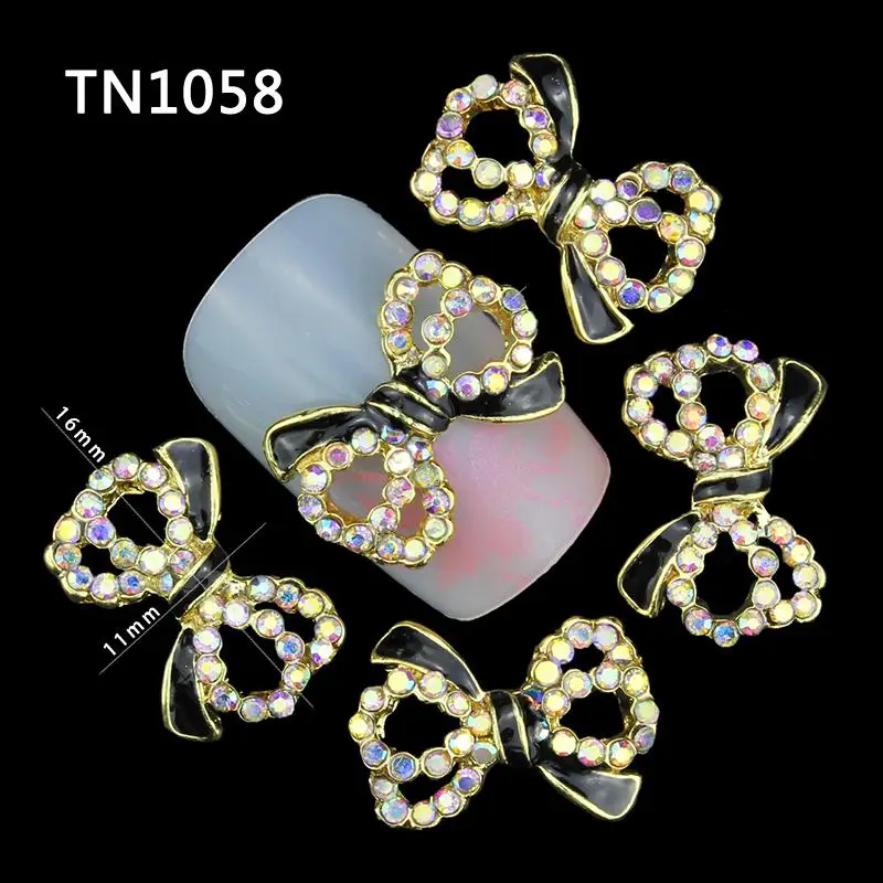 10 Pcs Glitter Black Gold Bow 3D AB Color Rhinestones For Nail Art Decorations On Gel