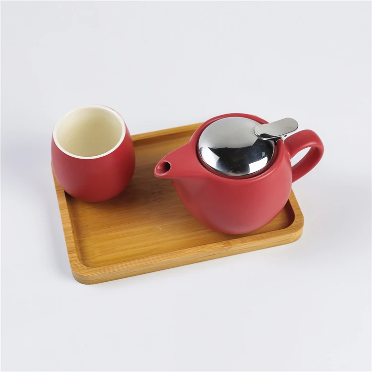Hot sale semi matte red one cup pakistan ceramic tea set with bamboo tray