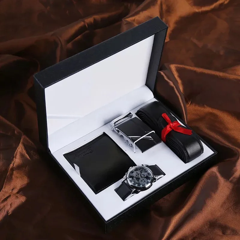 

Man Watch Set With Box Leather Belt Men Wallets Watches Luxury Quartz Wrist Watch Set Gift