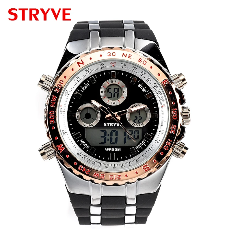 

Stryve Brand Luxury Watches Army Military Heavy Dial Dual Time Alarm Led Analog Clock Waterproof Men Sports Quartz Digital Watch