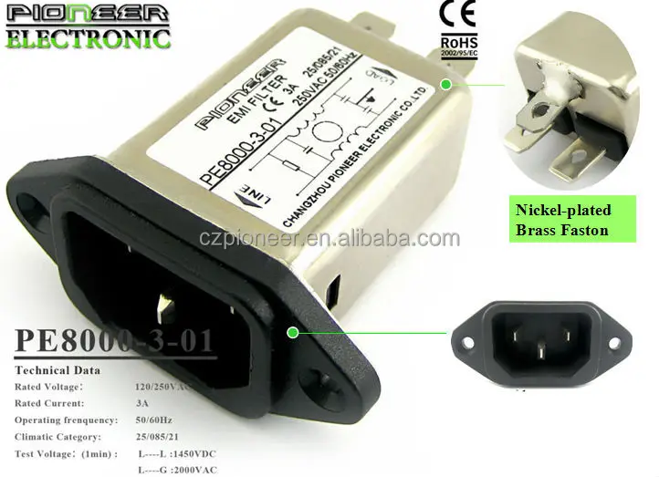 Power Entry Module EMI/RFI Filtered PL 3 POS 250VAC 6A Switch ST 1 Port 2-6609951-2 2 Items 