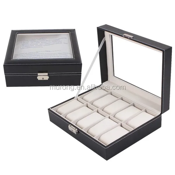 

In stock wholesale pu leather cover MDF watch box of 10 slots watches, Black