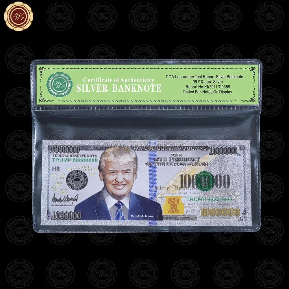 

Wr Colored Trump Banknote Gifts Quality 99.9 Silver Plated 100 Million Dollar Paper Money with COA Frame Father Gift, Can be gold or silver or colorful
