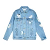 Mid stone wash ladies denim jackets ripped oversized high quality women jean jacket
