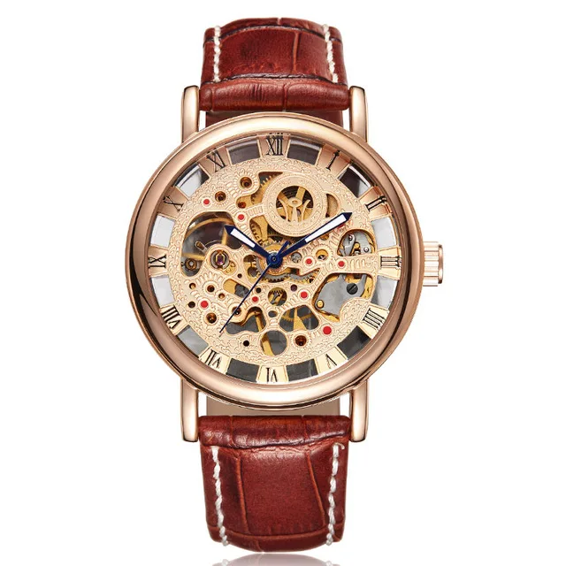 

OUYAWEI 1218 Genuine Leather Band Water Resistant Rose Gold Round Case Vintage Skeleton Men's Mechanical Watch