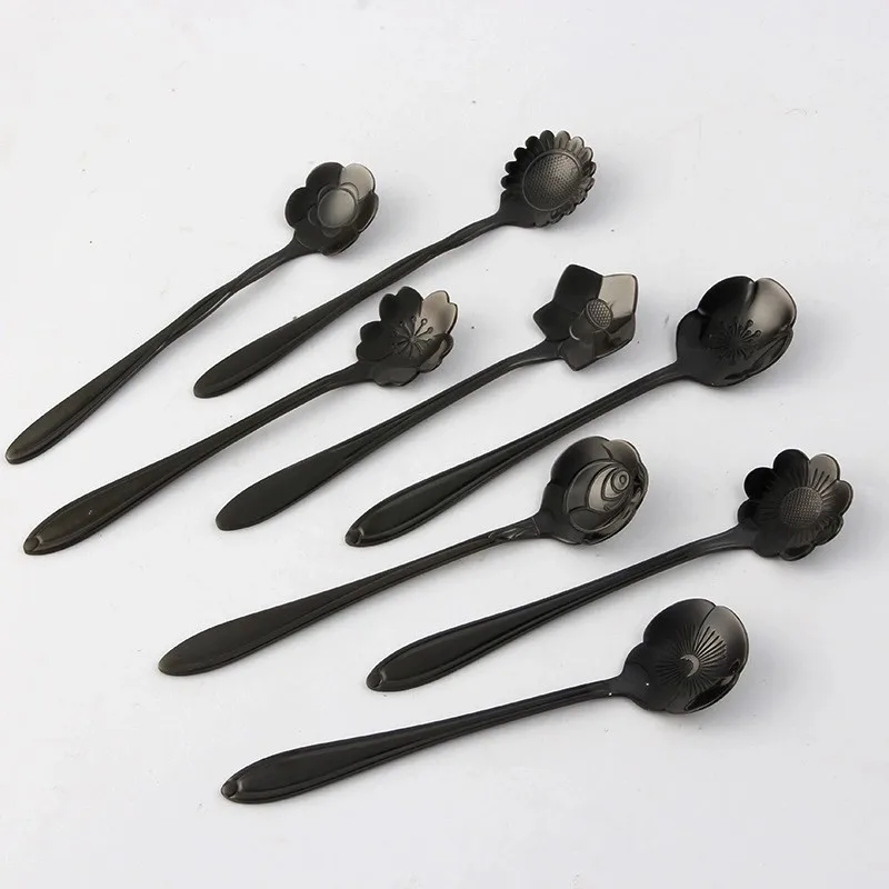 

Elegant Flower Shape Black Titanium Stainless Steel Spoon for Coffee Ice Cream