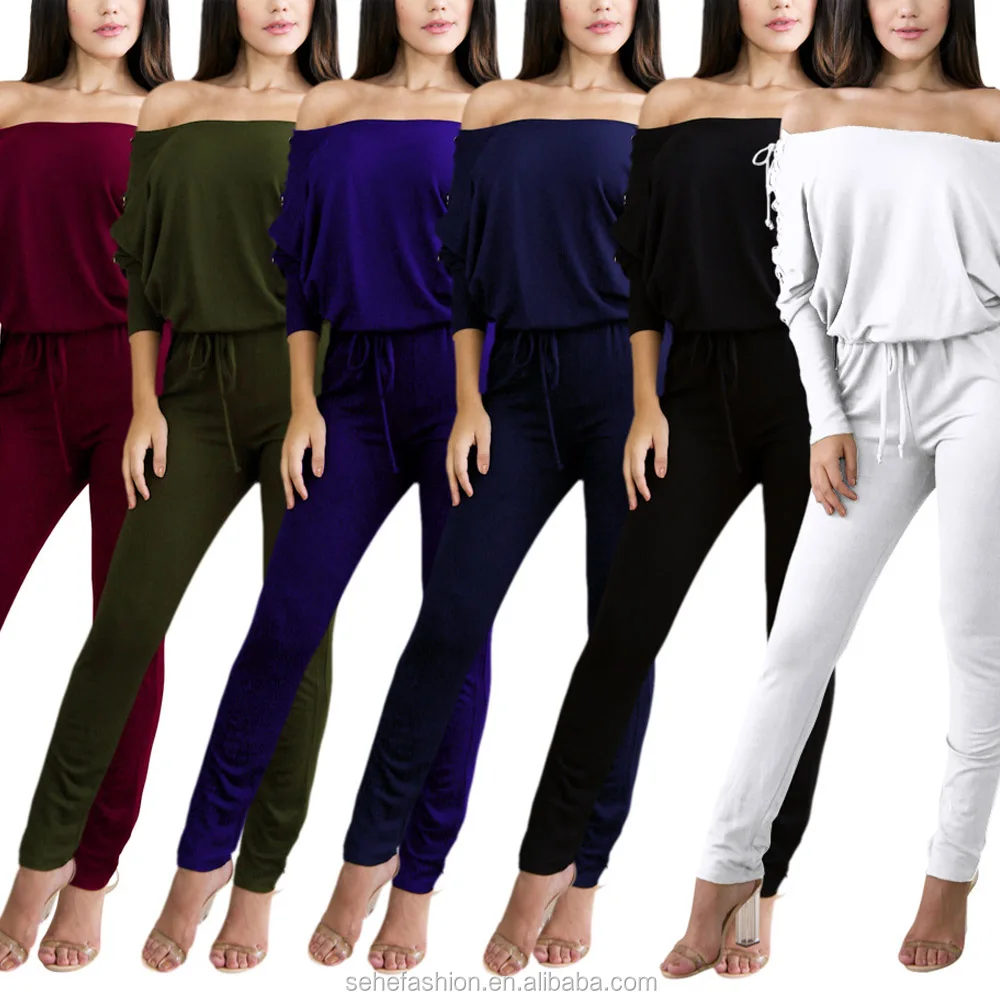 

80110-MX10 ladies fashion off-shoulder design tiered dark color long jumpsuit sexy images