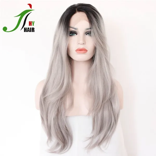 Free Shipping Long Heat Resistant Synthetic Wig Black Grey Color