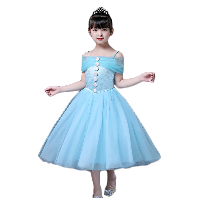 

Latest dress long frocks designs split off shoulders cartoon show costume in light blue color for girls princess, As picture