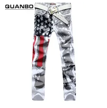 Big size 28-48 Brand Men’s pants 2016 New White Printed Fashion Men Jeans Slim Stretch Printing American Flag Jeans Hombre