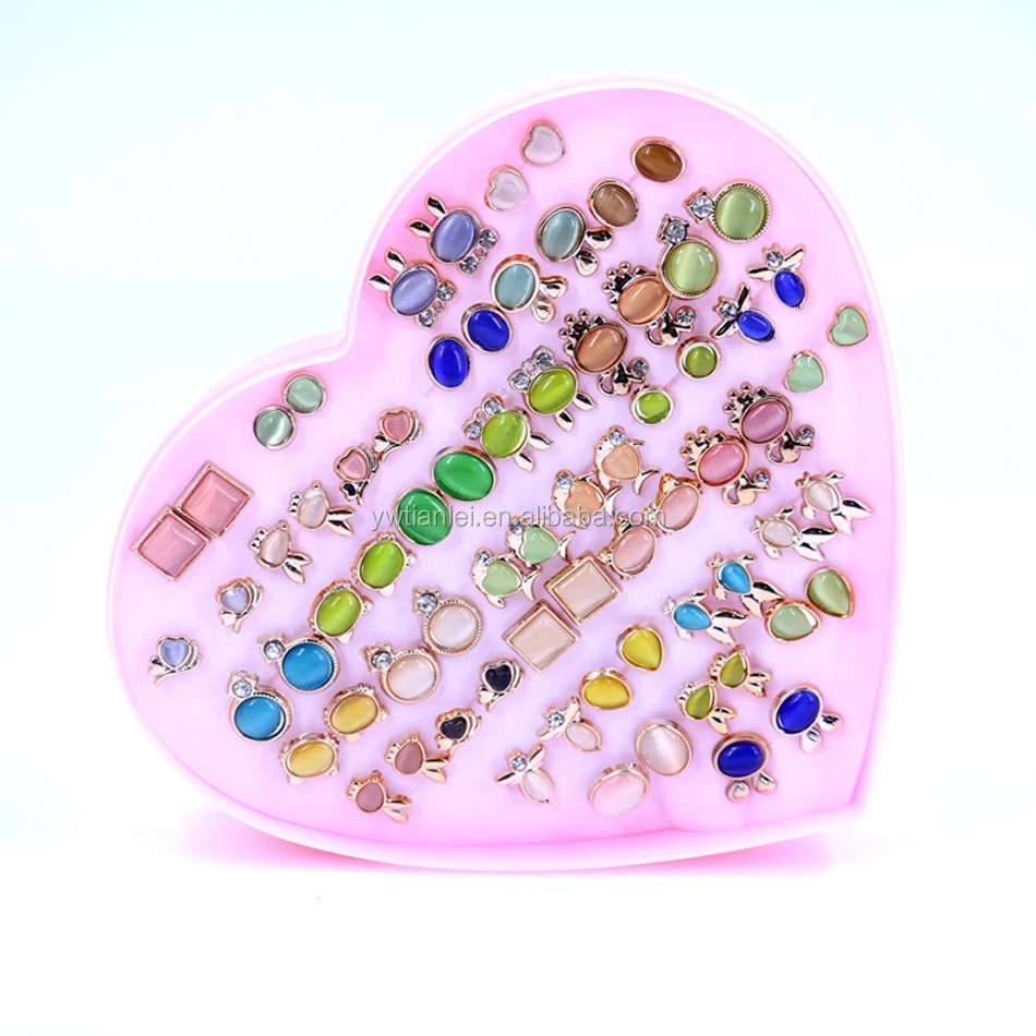 

A75 Yiwu Tianlei Colorful Opal Stone Cute Cartoon Designs Plastic Wholesale Free Shipping Cute 36pair Latest Cute Girls Earrings, Gold plating+colorful opal stones