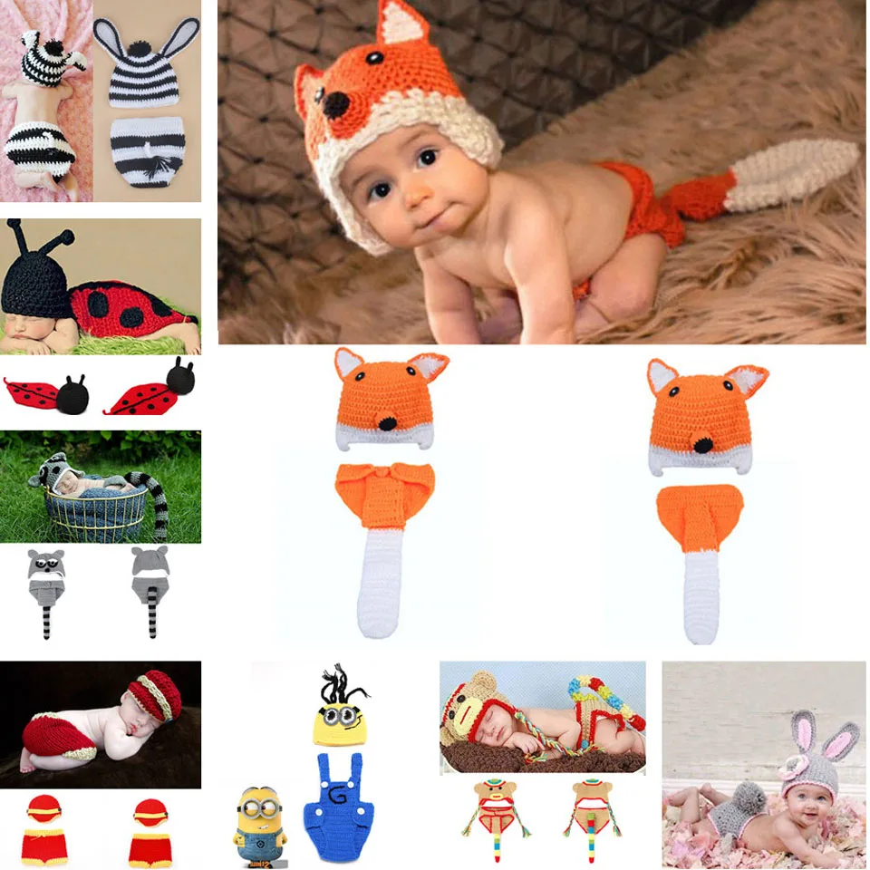 Crochet Fox Design Baby Hat and Pants Set Infant Baby Photography Props Crochet Hats and Diaper