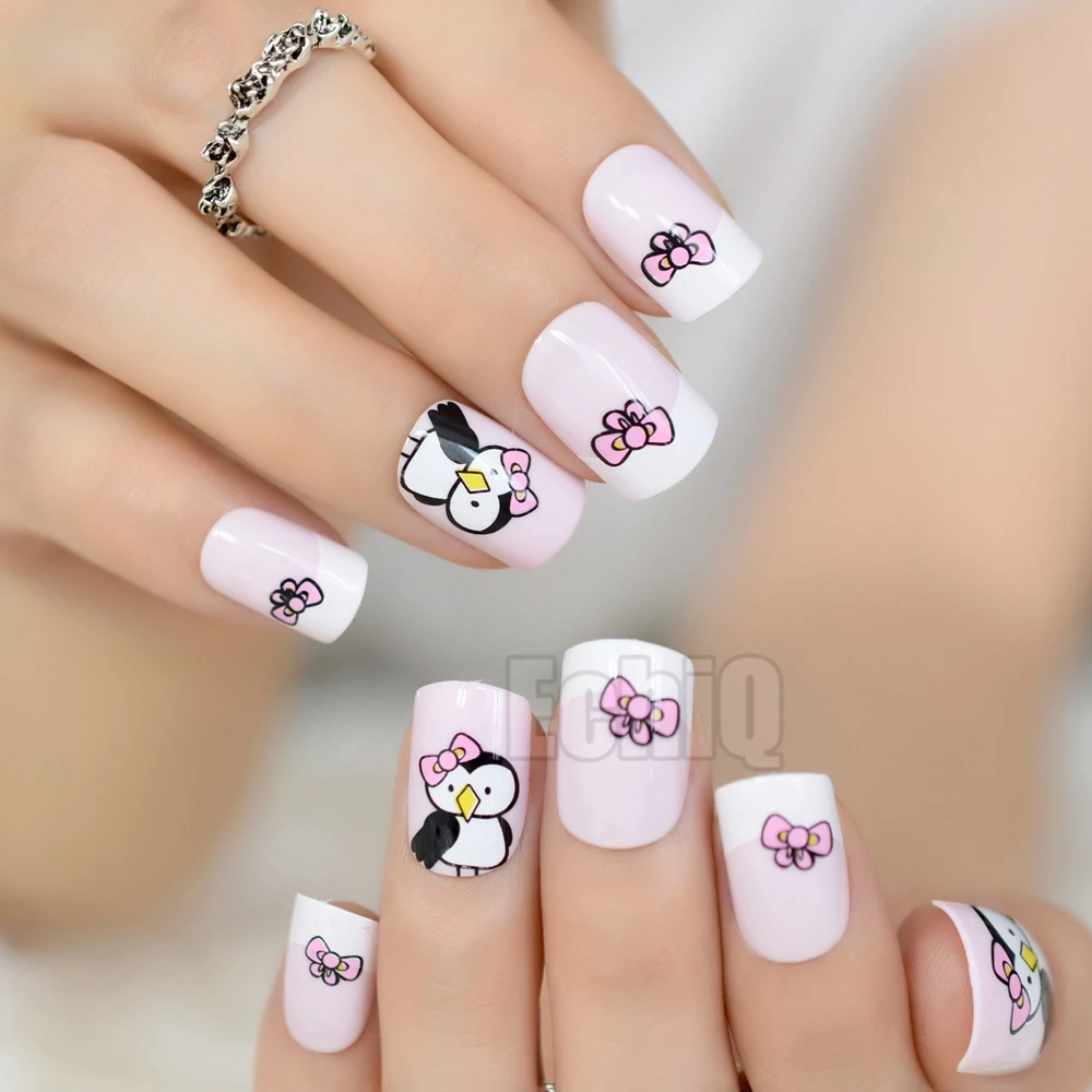 Baby Pink White French False Nail Tips Cute Bow Penguin Cartoon Pattern  Fake Nails Square Full Cover Artificial Faux Ongle Z894 - Buy Pink French  Nails,Cartoon False Nails,Uv Nail Art Tips Product