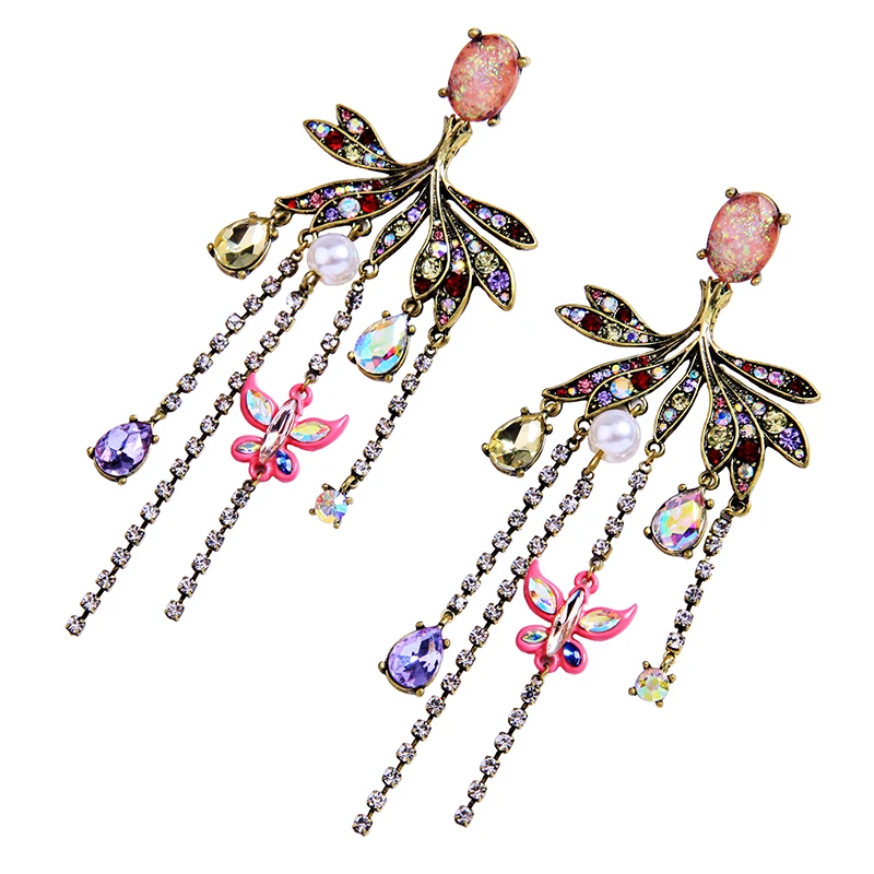 

ed01359c Rich Colorful Gems Orchid Big Statement Tassel Earrings