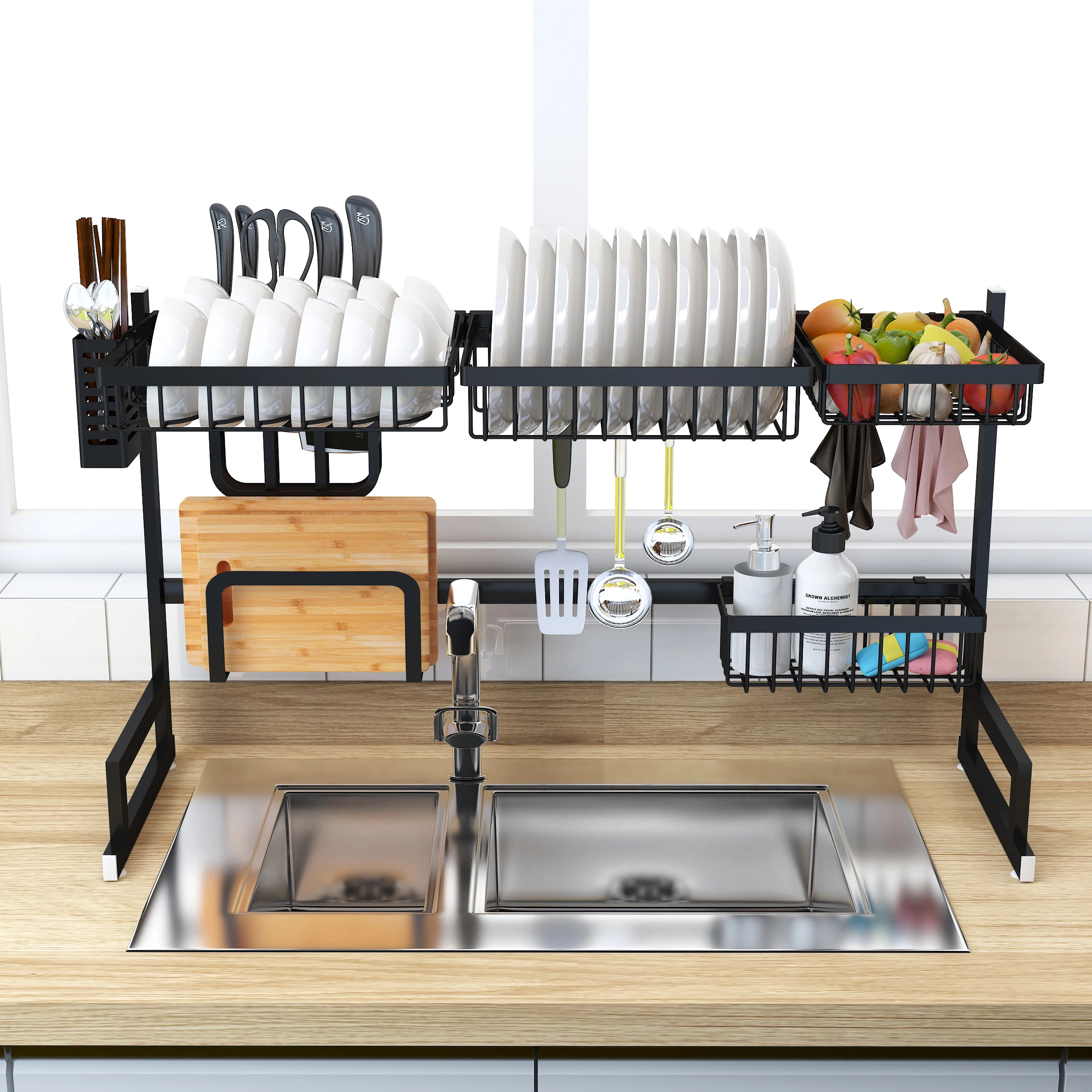 
2019 New Black Storage Rack Dish Drainer Rack Stainless Steel Kitchen Drainer Rack 