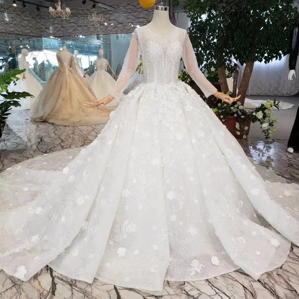 

HTL256 real hot selling long sleeves flower applique pattern long train ivory suzhou wedding dresses