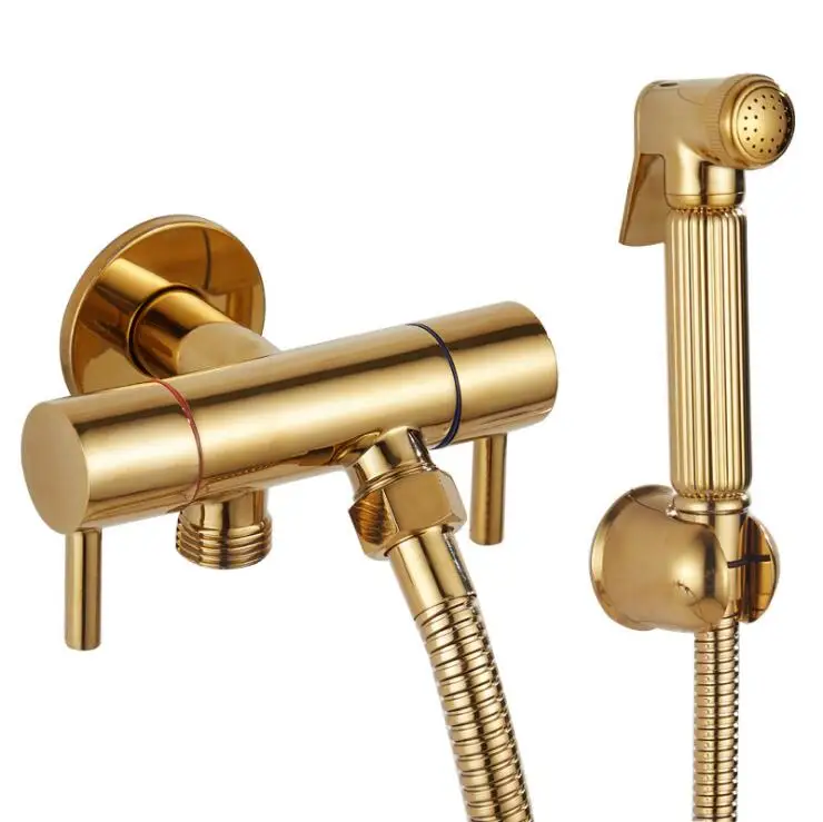 HONGDEC Polish Gold Modern Bathroom Bidet Set Toilet Bidet Sprayer Wall Mount Uncoated Brass Shower