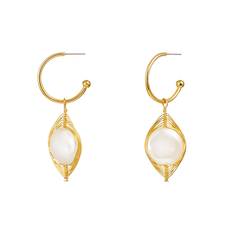 

Gold Wire Wrapped Baroque Pearl Open Hoop Earrings For Women Girl