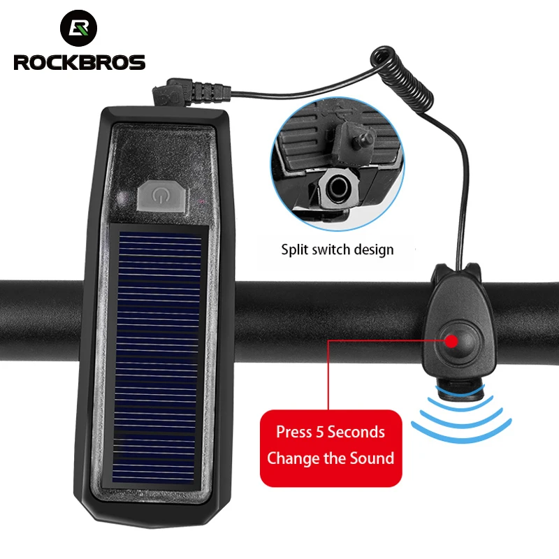 

ROCKBROS 2000 mAh USB Solar Charging Bike Light Bike Bell 120 dB Smart Switch Multiple Modes IPX4 Waterproof Bicycle Headlights, White/red