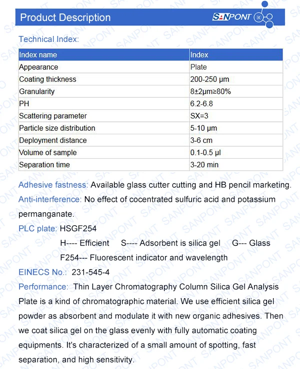 Sanpont Thin Layer Chromatography Silica Gel Plate Tlc Plates 20*20cm