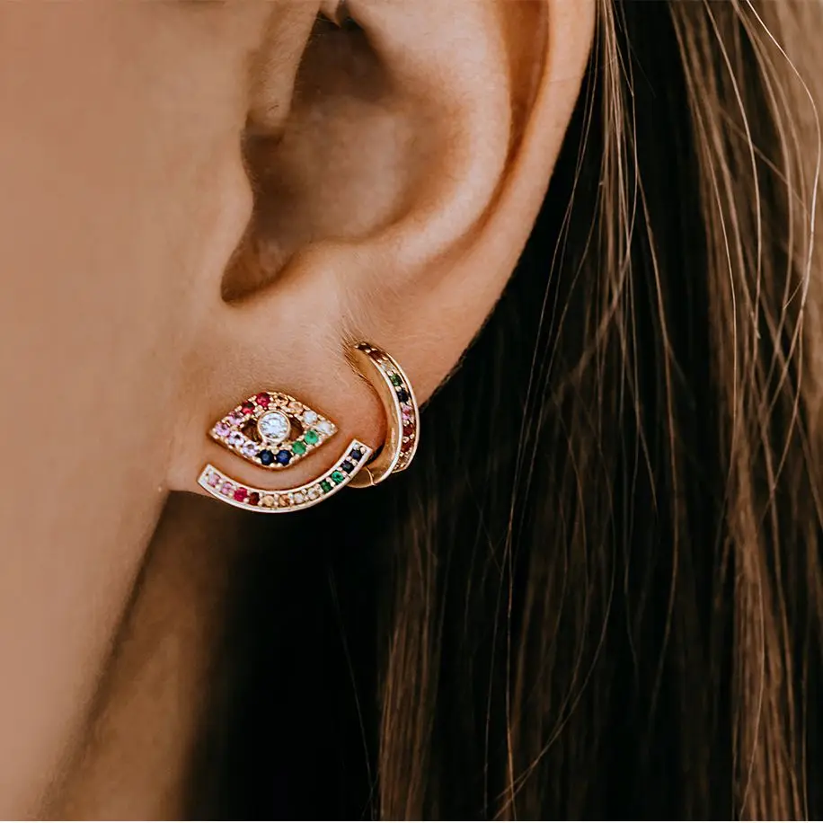 

Rainbow cz earring fashion 2018 summer gift Eye stud jackets elegance women gift jewelry Gold plated latest design jewel, Picture