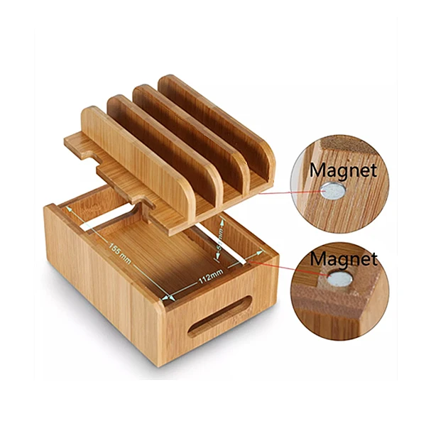 

New multi-device bamboo charge station,storage box for mobile phone