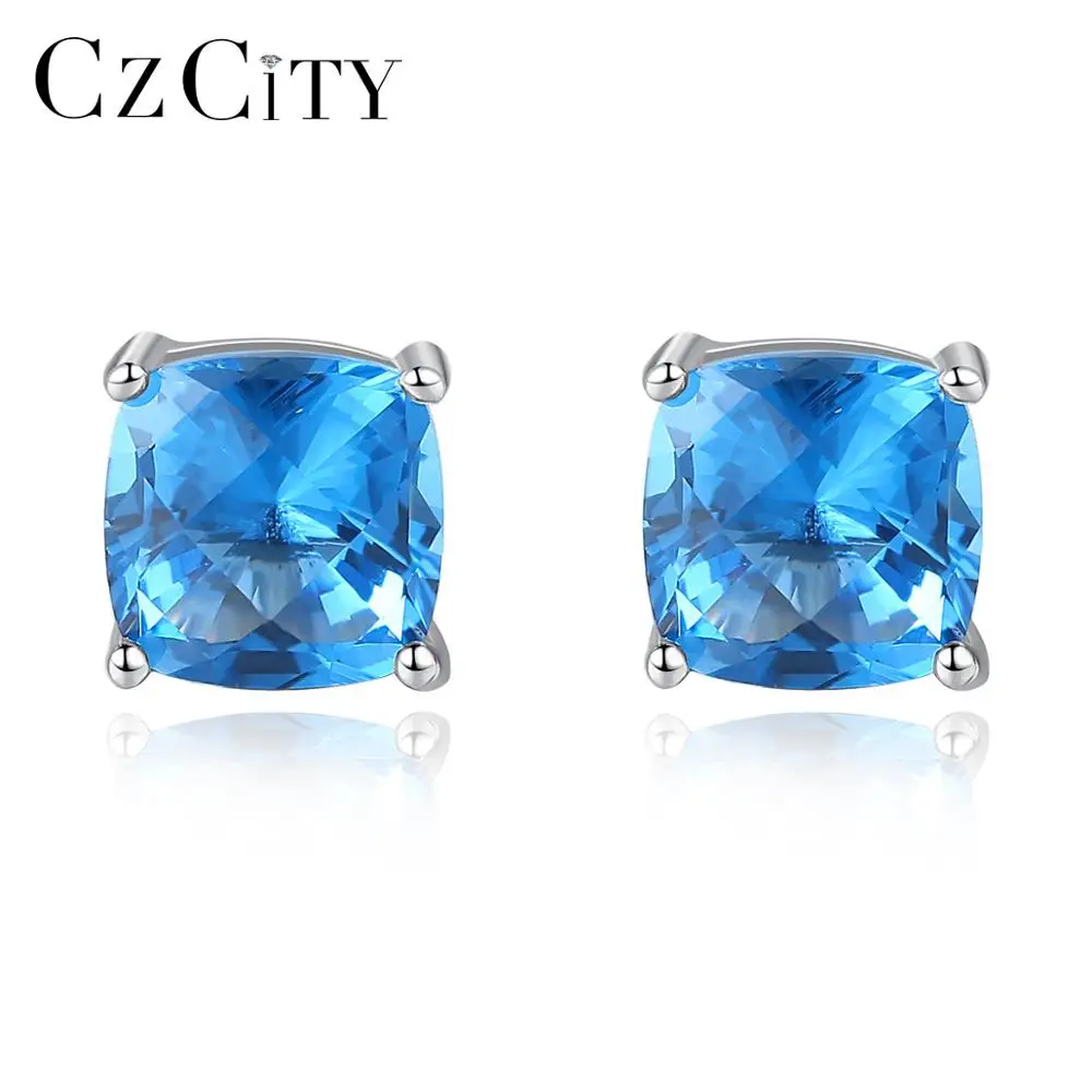 

CZCITY Fashion High Quality 925 Silver Jewelry Sapphire Square Sterling Silver Stud Earrings Christmas Gift