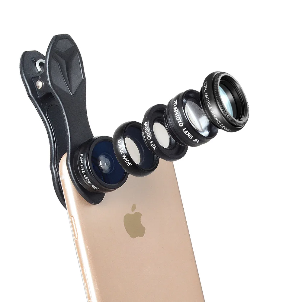 

2018 hottest additional lenses handphone clip mobile photographic 5in1 lens kit
