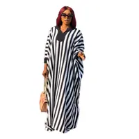 

90428-MX43 black white striped loose maxi womens dresses