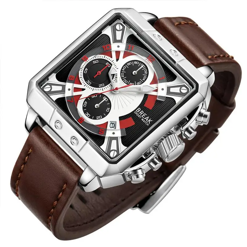 

Break 5667 WatchMen Watches Top Brand Luxury Sport Chronograph Watches Men Leather Waterproof Watch Quartz Clock Male Wristwatch, 2 color choose