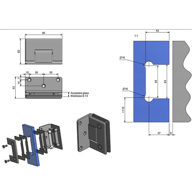 
Brass glass shower door pivot hinge 