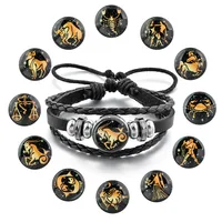 

Mens Leather Bracelet 12 Constellate Charm Snap Braided Wrap Jewelry