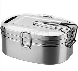 Image of china factory low price 2 in 1 Oval shape 2 Compartment stainless steel metal bento lunch box With Lock Take Away Food Box