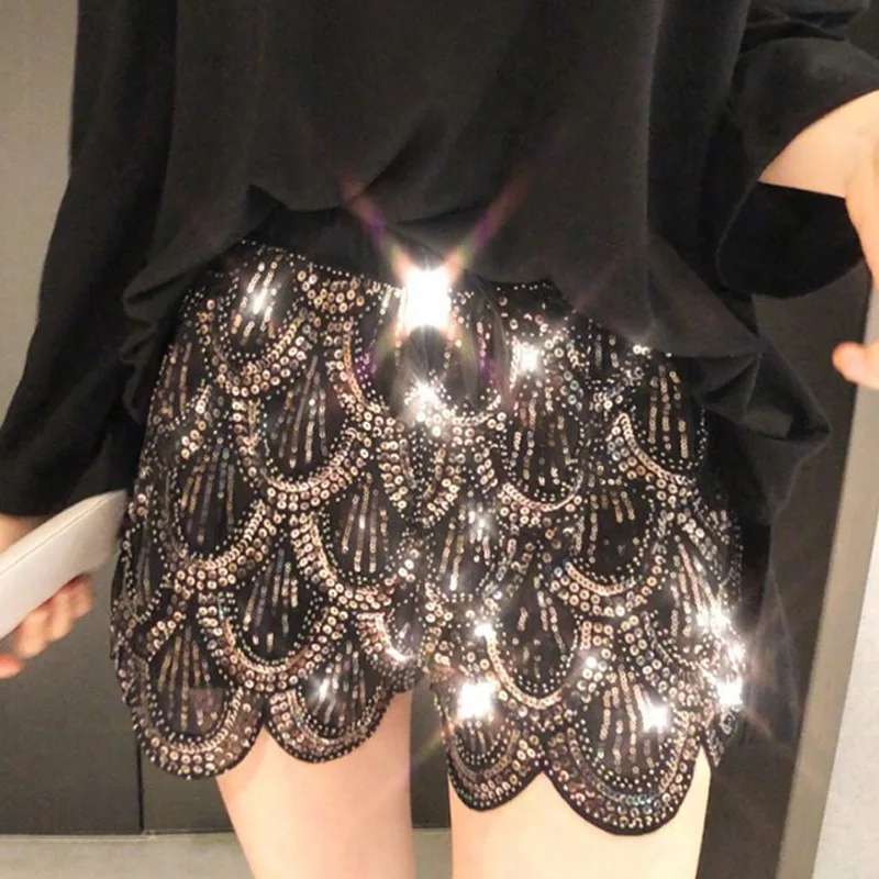 

Wholesale women fancy bling black white sequin shorts bead design sexy high waisted floral irregular stretchy club party shorts