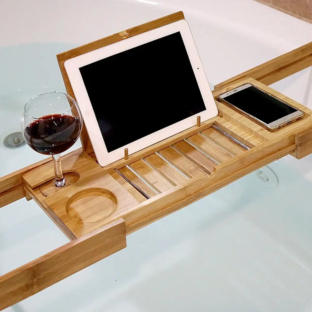 

Bamboo Bathtub Caddy, Bamboo Shower Bath Tub Tray Organizer with Extending Sides, Natural