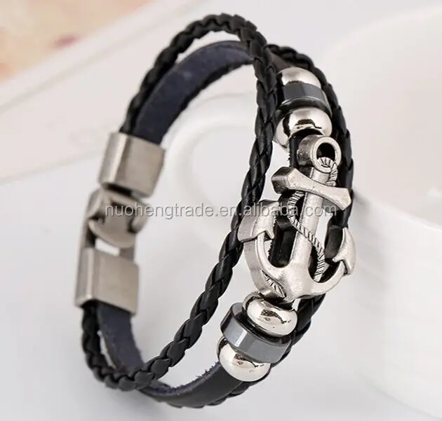 

Alibaba Wholesale Unisex Punk Braid Leather Rope Anchor Charm Bracelet, Antique silver