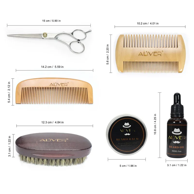 
New Arrival 6 Items Set Beard Brush Oil Balm Comb Beard Grooming Kit For Men 