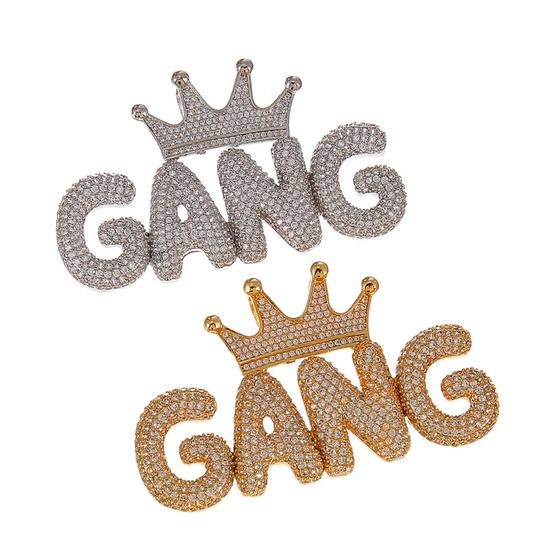 

Iced Out Cubic Zircon Copper GANG crown necklace pendant for hiphop jewelry
