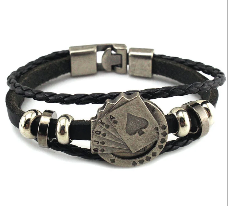 

Lucky Vintage Men's Leather Bracelet Playing Cards Raja Vegas Charm Multilayer Braided Women Pulseira Masculina, Black,brown